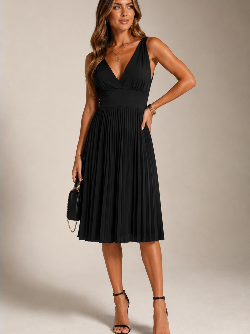 Elegant Black V-Neck Pleated Midi Dress